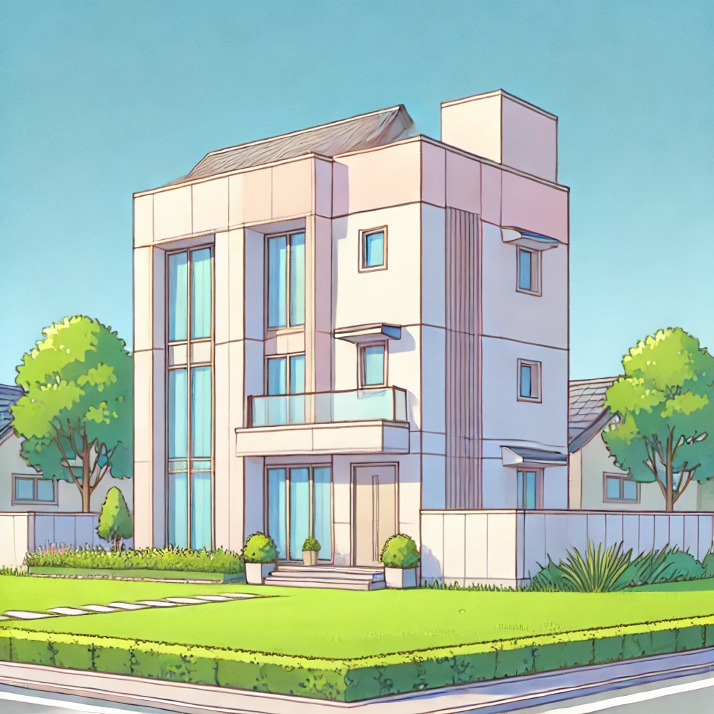 DALL·E 2024-12-29 09.43.29 - A simple illustration of a newly constructed building in an anime style. The building has a clean, minimalistic design with light pastel colors, featu