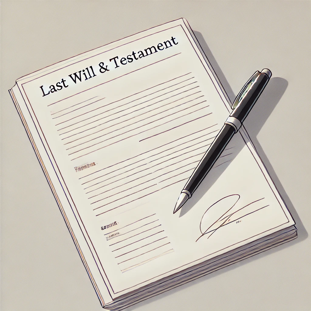 遺贈による不動産登記の完全ガイド:手続き方法と必要書類を徹底解説 DALL·E 2024-12-29 09.54.21 - A simple anime-style illustration of a last will and testament. The image features a minimalistic open document with clean lines, a pen placed next to